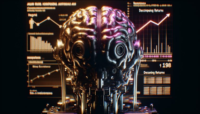 Une image conceptuelle montrant un cerveau robotique éclairé par des données, avec des symboles de déception et des courbes de rendements décroissants en arrière-plan, suggérant la complexité de l'IA avancée et ses limites actuelles. Couleurs futuristes sombres et néon.