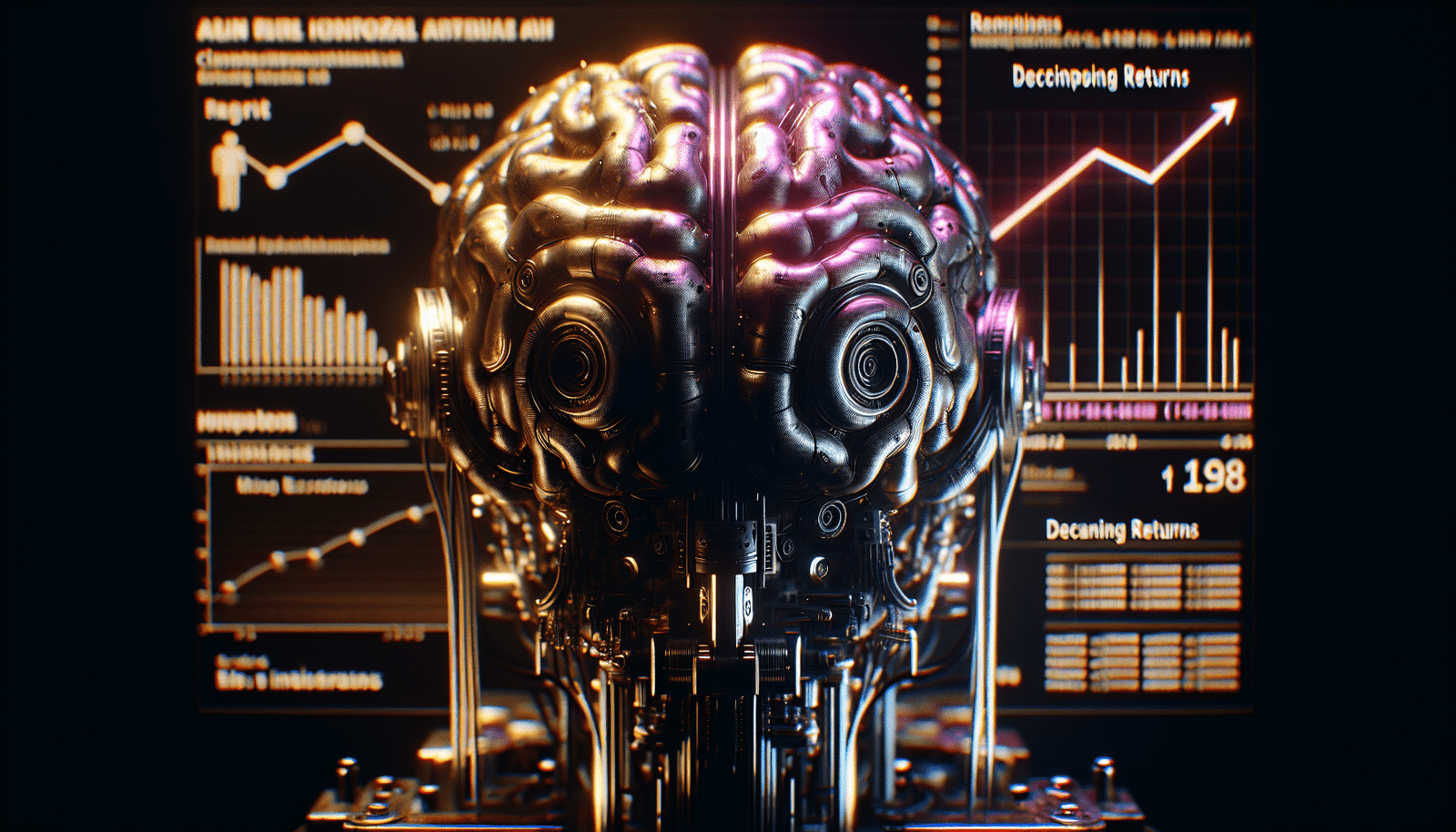 Une image conceptuelle montrant un cerveau robotique éclairé par des données, avec des symboles de déception et des courbes de rendements décroissants en arrière-plan, suggérant la complexité de l'IA avancée et ses limites actuelles. Couleurs futuristes sombres et néon.