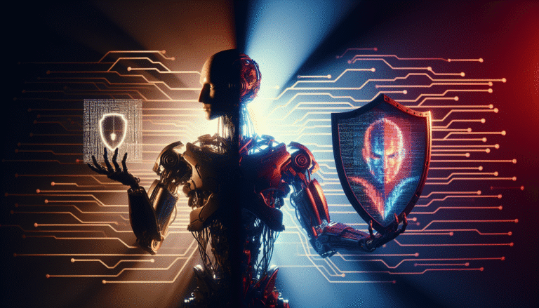 Un cyborg, mi-sombre mi-lumineux, tenant dans une main un algorithme malveillant stylisé et dans l'autre un bouclier numérique protecteur. L'arrière-plan est un réseau de données abstrait, avec des lueurs rouges et bleues, symbolisant le conflit IA en cybersécurité. Style futuriste, néon, contrasté.
