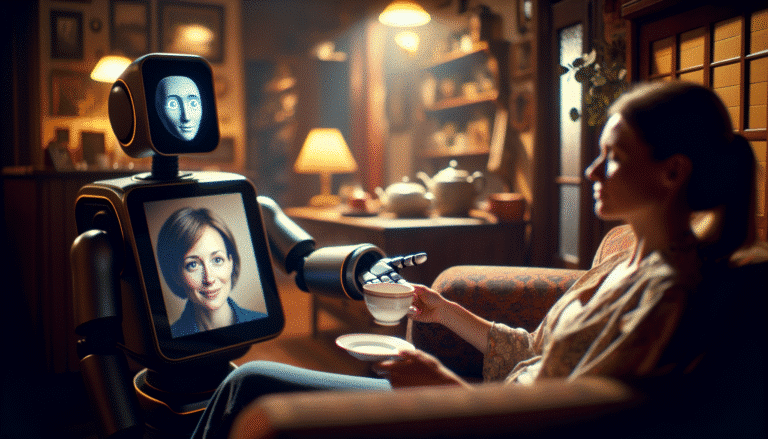 Un robot humanoïde bienveillant avec un écran affichant un visage empathique, offrant une tasse de thé à une personne assise sur un canapé, dans un environnement doux et chaleureux, symbolisant le soutien et la disponibilité constante.
