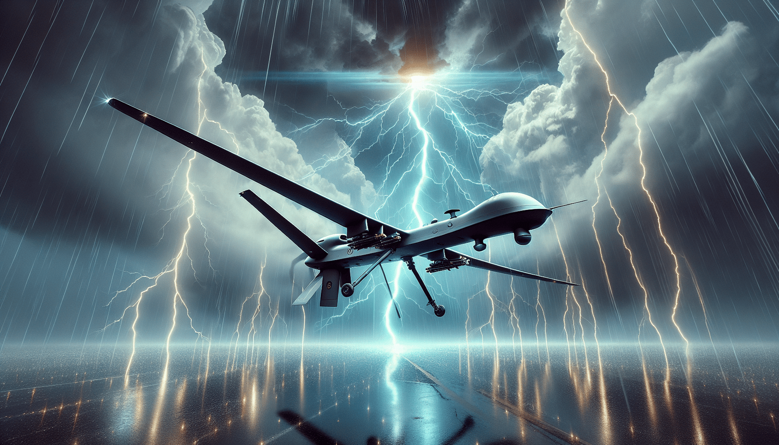 Un drone noir et élégant, de forme aérodynamique, défiant un ciel d'orage intense et électrisant. Un éclair de foudre jaillit de manière contrôlée du ciel vers le drone, qui semble absorber ou rediriger l'énergie vers une station terrestre lumineuse. Effets spéciaux de foudre et d'énergie, ambiance dramatique et puissante. Style: Science-fiction, high-tech, VFX, photographie grand-angle.
