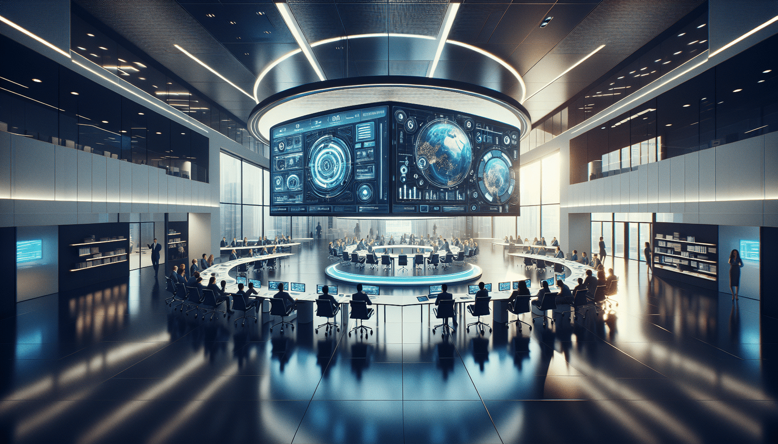 Une vue aérienne d'une salle de conférence futuriste et lumineuse lors du Rendez-vous IA Québec. Des participants engagés discutent en petits groupes, tandis que des écrans géants affichent des graphiques IA complexes et des flux de données en temps réel. L'atmosphère est celle d'une effervescence intellectuelle, avec un focus sur la collaboration et l'échange d'idées. Les couleurs sont modernes et technologiques, avec des touches de bleu et de blanc.