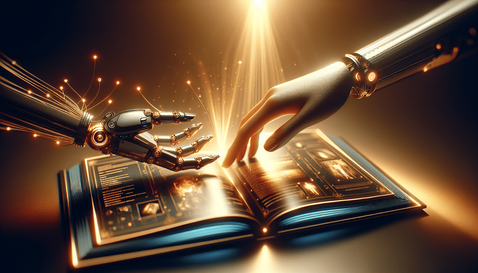 Une main humaine et une main robotique stylisée se touchant délicatement au-dessus d'un livre ouvert numérique, affichant du texte et des images. Une lumière dorée émane du livre, symbolisant la créativité collaborative. L'arrière-plan est un mélange flou d'éléments littéraires et technologiques. Style épuré, futuriste, positif.