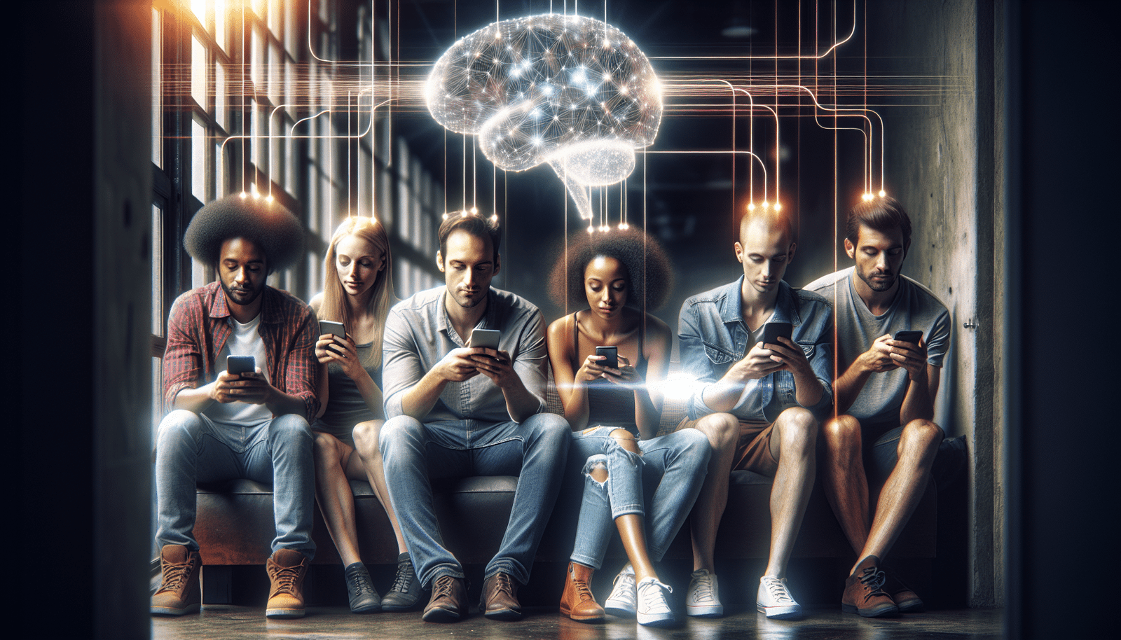 A diverse group of Gen Z individuals (20s) casually sitting together, each looking at their phone or tablet, with subtle glowing lines connecting their devices to a central, ethereal AI brain icon. The scene should convey ease and digital native comfort. Style: Modern, clean, slightly abstract, focus on connection and technology.