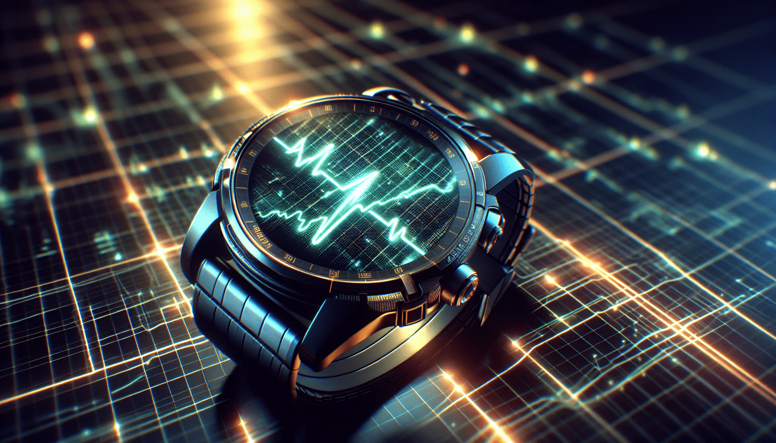 A vibrant, dynamic image of a smart watch or smartphone displaying a detailed ECG waveform, with subtle AI-generated glowing indicators highlighting anomalies invisible to the naked eye. Futuristic, clean design, focus on accessibility.