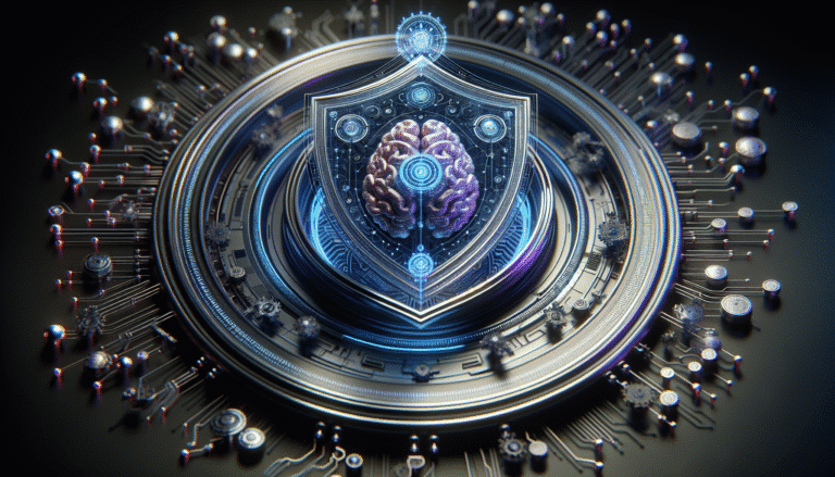 Un bouclier numérique stylisé protégeant un cerveau humain abstrait ou des données numériques flottantes, avec des éléments d'interface utilisateur d'IA en arrière-plan, dans un style futuriste et sécurisé. Couleurs dominantes : bleu, violet, argent. L'image doit évoquer la protection des informations personnelles par la technologie IA.