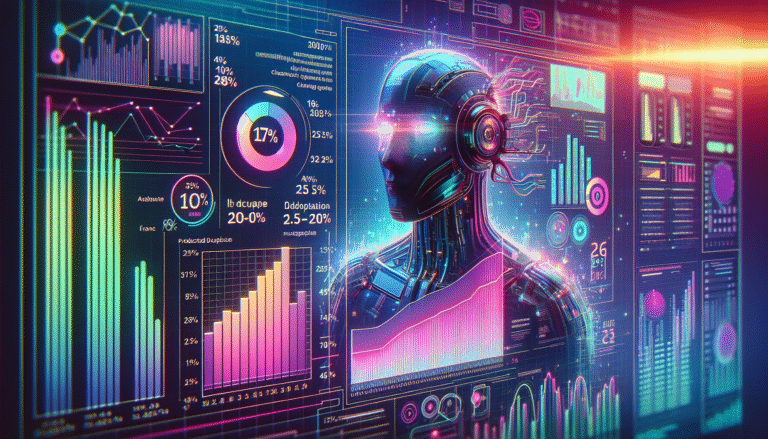 Graphique stylisé montrant une courbe ascendante rapide de l'adoption de ChatGPT en France entre 2023 et 2025. Des points de données clés comme 18% en 2023 et 25-30% projeté en 2025 sont clairement indiqués. L'esthétique est moderne, avec des couleurs vives et futuristes évoquant la technologie IA, dans un style flat design ou neumorphisme.