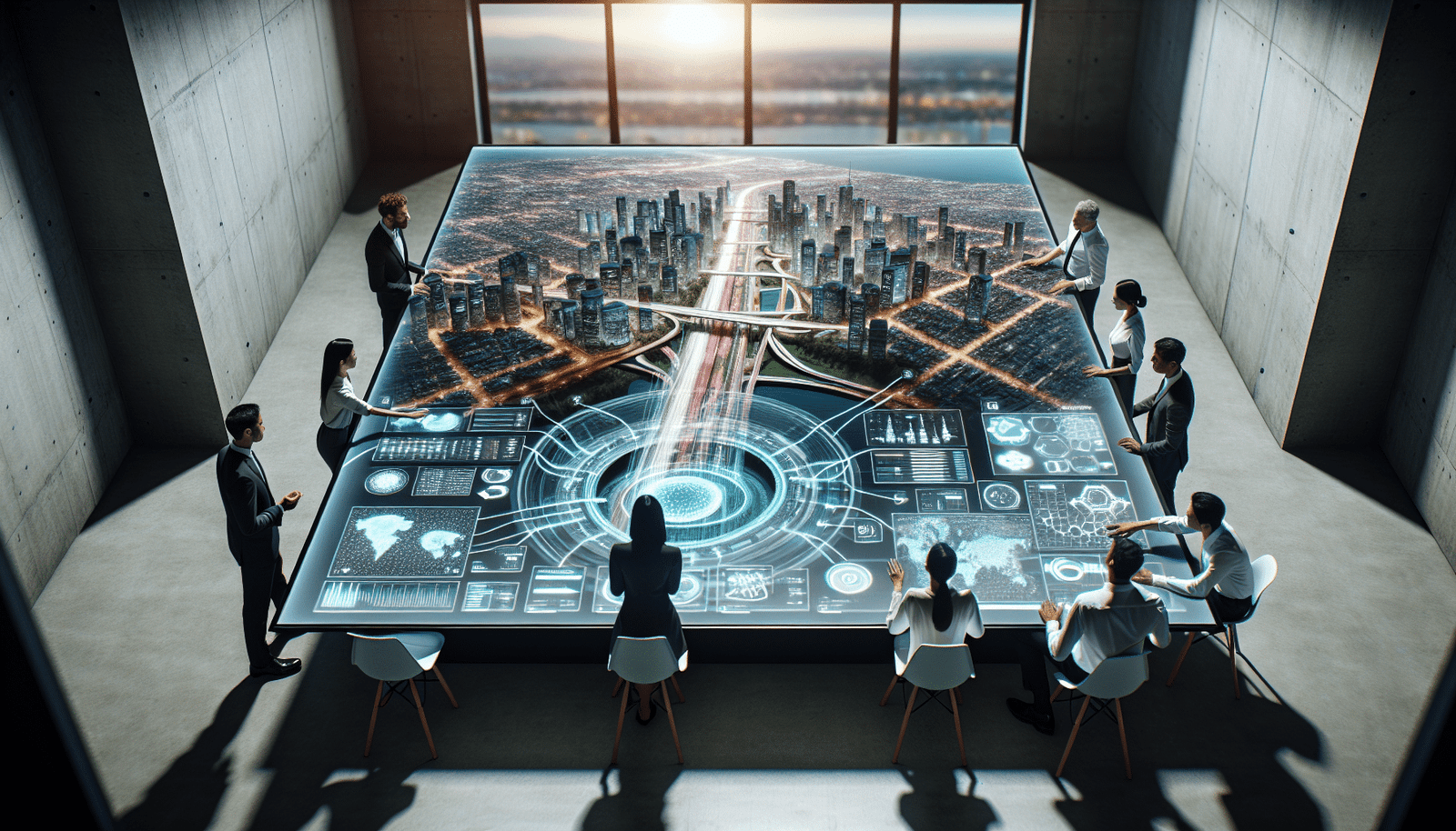 Overhead view of a futuristic city digital twin projected onto a large interactive table, surrounded by diverse professionals (urban planners, scientists, engineers) collaboratively analyzing data. The digital twin shows integrated data layers for energy, transport, and green spaces, reflecting sustainable urban planning. Style: Clean, modern, collaborative, illuminated by the projection.