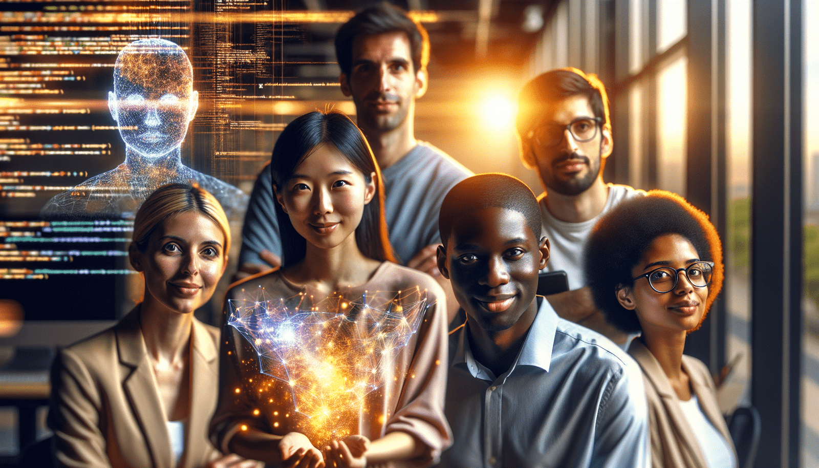 An energetic, diverse group of developers and entrepreneurs collaboratively building glowing digital structures, symbolizing AI solutions. They are smiling, empowered by accessible technology in a modern, light-filled workspace. The scene should convey innovation and low barriers to entry, with subtle code lines or neural networks in the background.