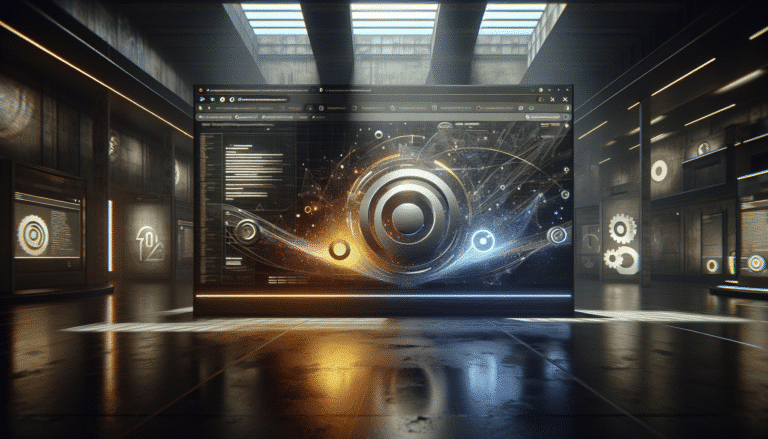 A sleek, futuristic web browser interface with abstract AI elements glowing, contrasting with a faded, traditional Google Chrome logo in the background. Emphasize innovation and competition in a digital, high-tech style.