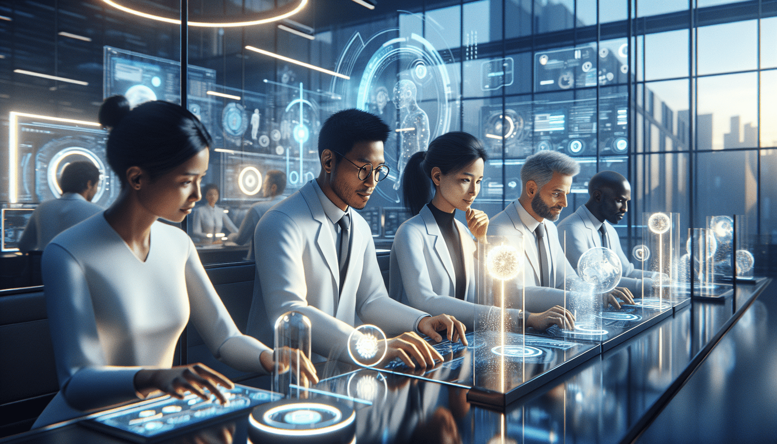 Bright, optimistic image of a diverse group of human experts (e.g., scientists, designers, strategists) collaborating seamlessly with subtle, glowing AI interfaces. The AI elements are integrated into their work environment (holographic screens, data visualizations), enhancing their productivity and creativity, futuristic office or lab environment, vibrant colors, sense of synergy.