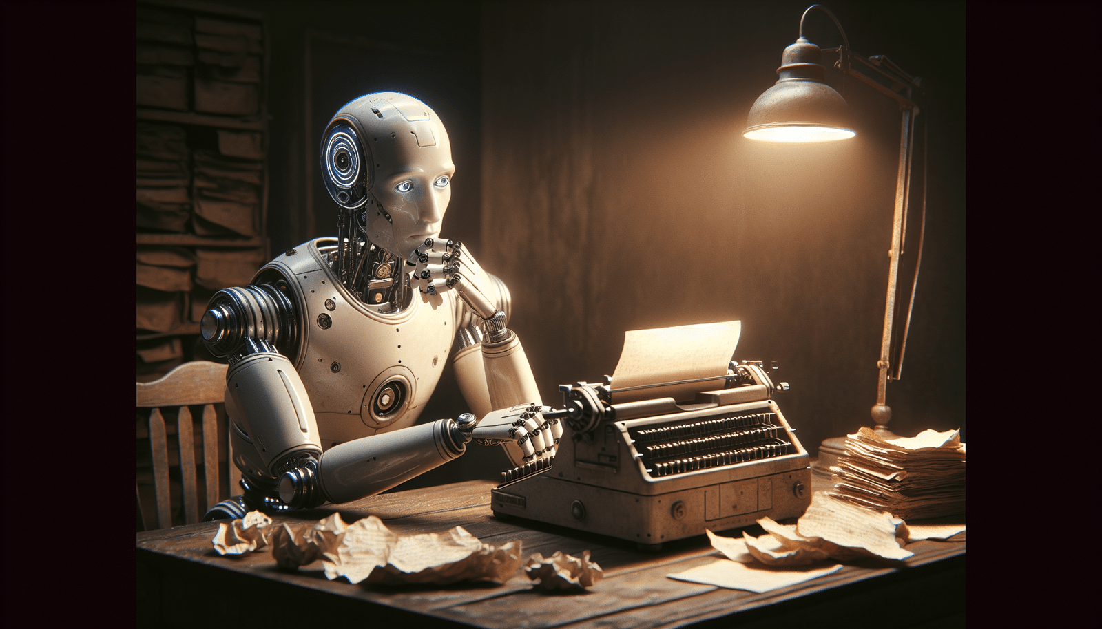 Un robot écrivain à l'air pensif, assis à un bureau en bois ancien, les mains sur un clavier futuriste mais le regard perdu vers une pile de manuscrits froissés, symbolisant la difficulté à trouver l'inspiration. Une seule ampoule faible éclaire la scène, créant une ambiance mélancolique et contemplative.