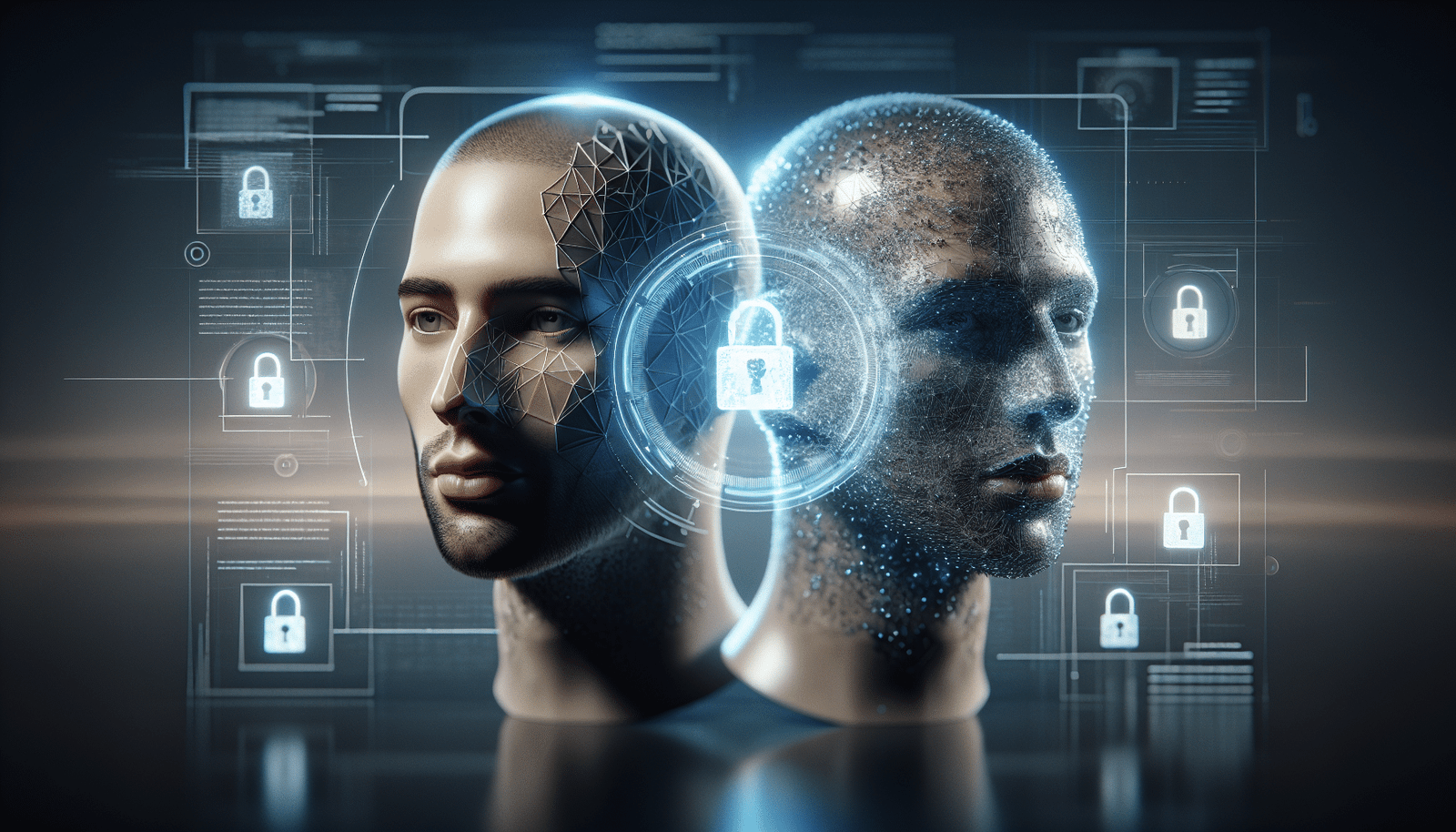 A conceptual image showing two identical human heads, one digital and one physical, with a subtle digital lock icon or a red "warning" sign overlay between them. The background is a blurred, futuristic interface, symbolizing the dual nature of voice cloning technology: immense innovation potential versus critical security risks and ethical dilemmas.