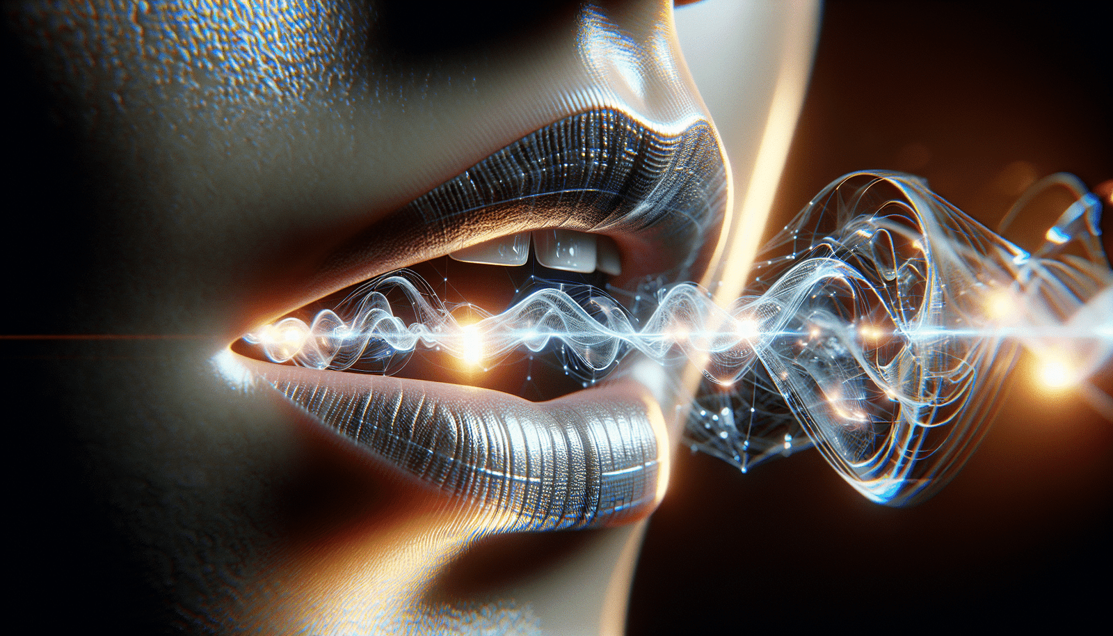 A digital representation of a human mouth emitting intricate, glowing sound waves that transform into abstract data streams, illustrating the sophisticated voice cloning and synthesis technology of PlayAI. Focus on a blend of organic and digital elements, with a subtle futuristic tech aesthetic.