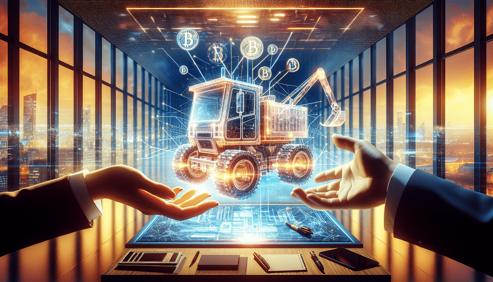 A stylized illustration of venture capital funding: hands exchanging a blueprint of an autonomous construction vehicle, overlaid with digital currency symbols and a subtle network of data lines, against a backdrop of a modern, bright office space with a subtle cityscape visible through windows. Focus on innovation and investment. Concept art style, vibrant.