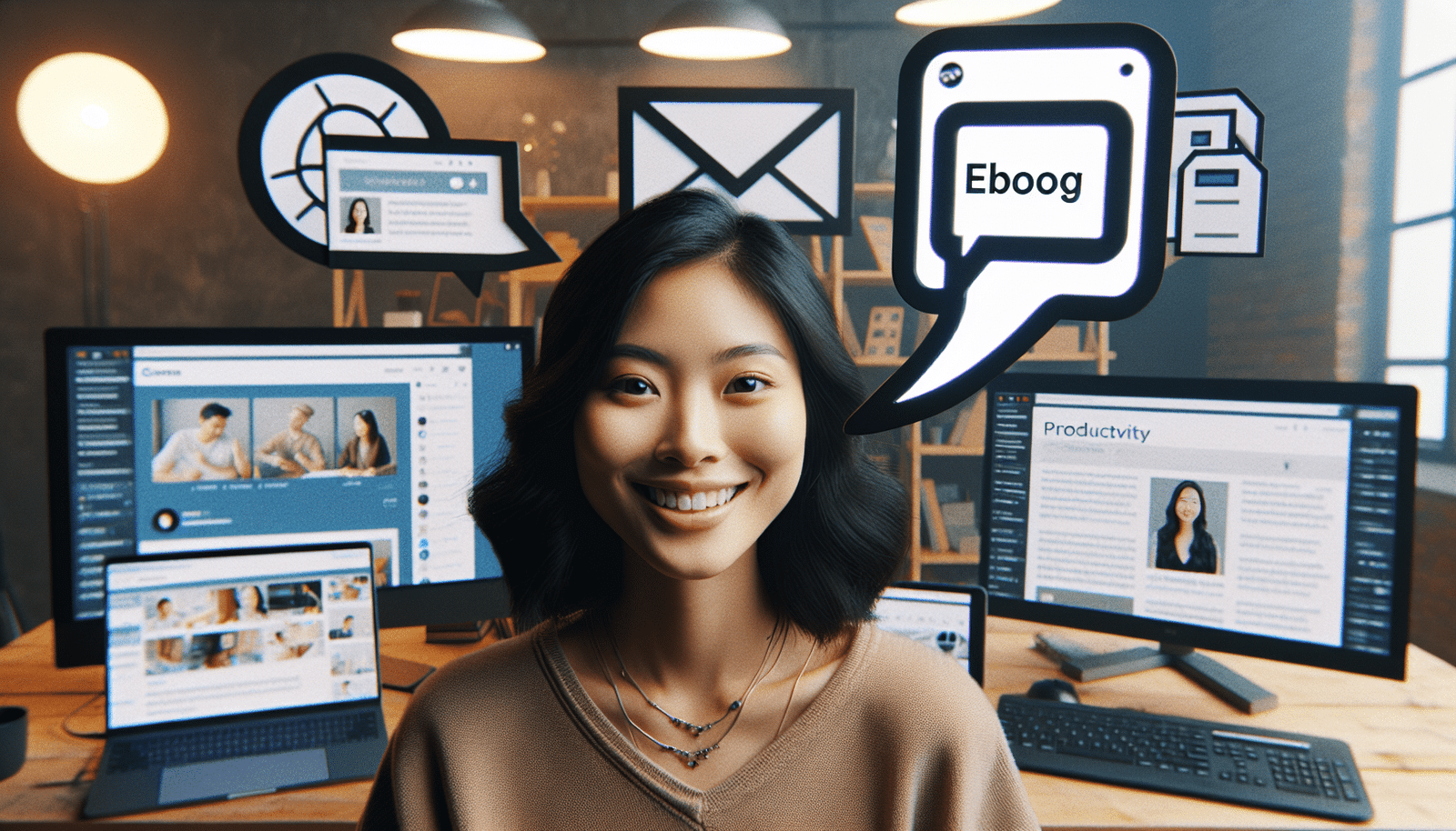 Un créateur de contenu souriant, entouré d'écrans affichant des articles de blog, des scripts vidéo, et des designs d'ebooks. Une bulle de dialogue stylisée sortant de sa tête contient le logo de ChatGPT, indiquant l'origine de son inspiration et de sa productivité. Ambiance de studio moderne et lumineux.