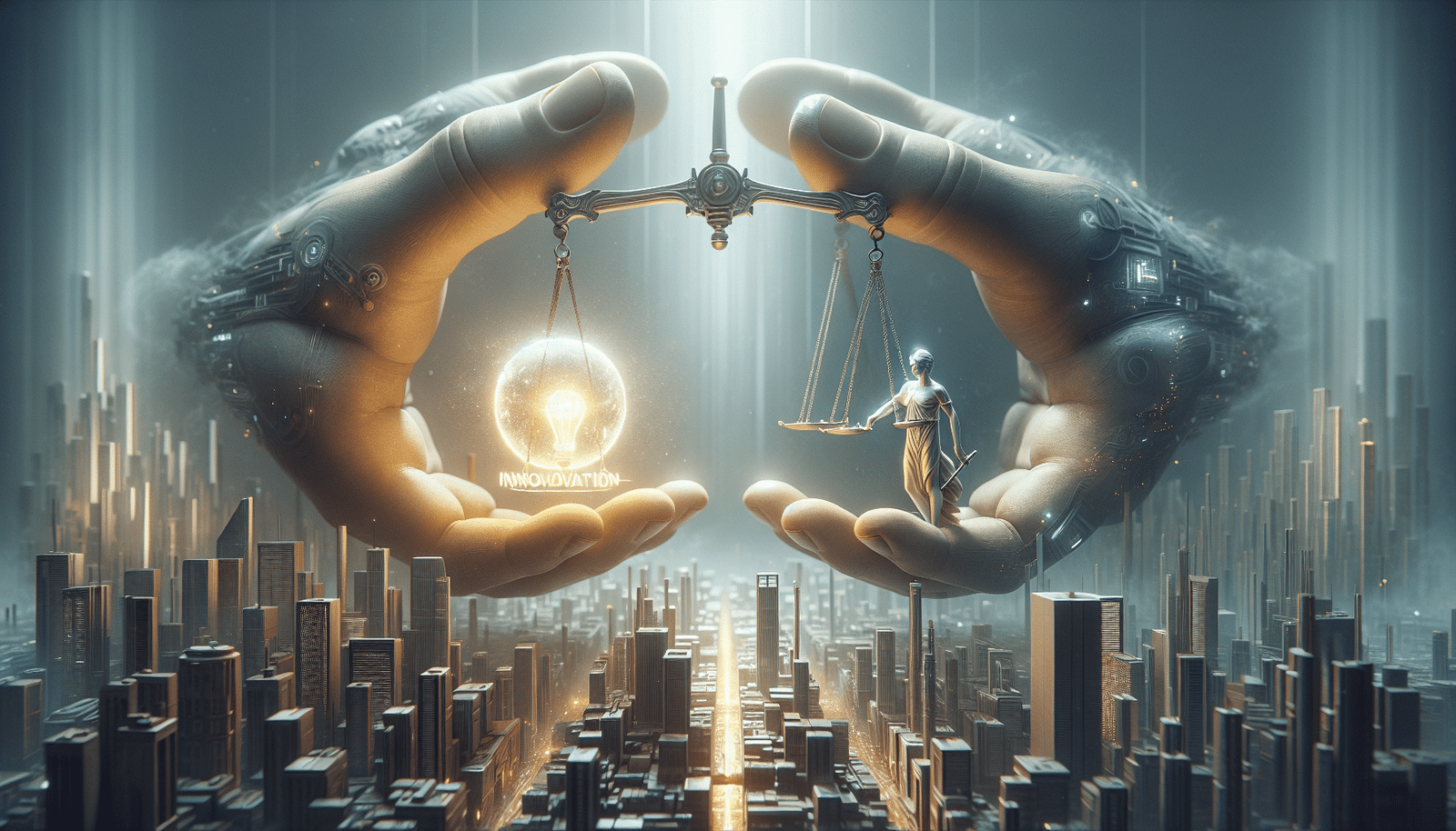 A conceptual image showing two giant hands, one holding a glowing "Innovation" sphere and the other holding a "Regulation" scale. They are in delicate balance above a futuristic cityscape, representing the tension between technological advancement and governmental oversight. Soft, dynamic lighting.