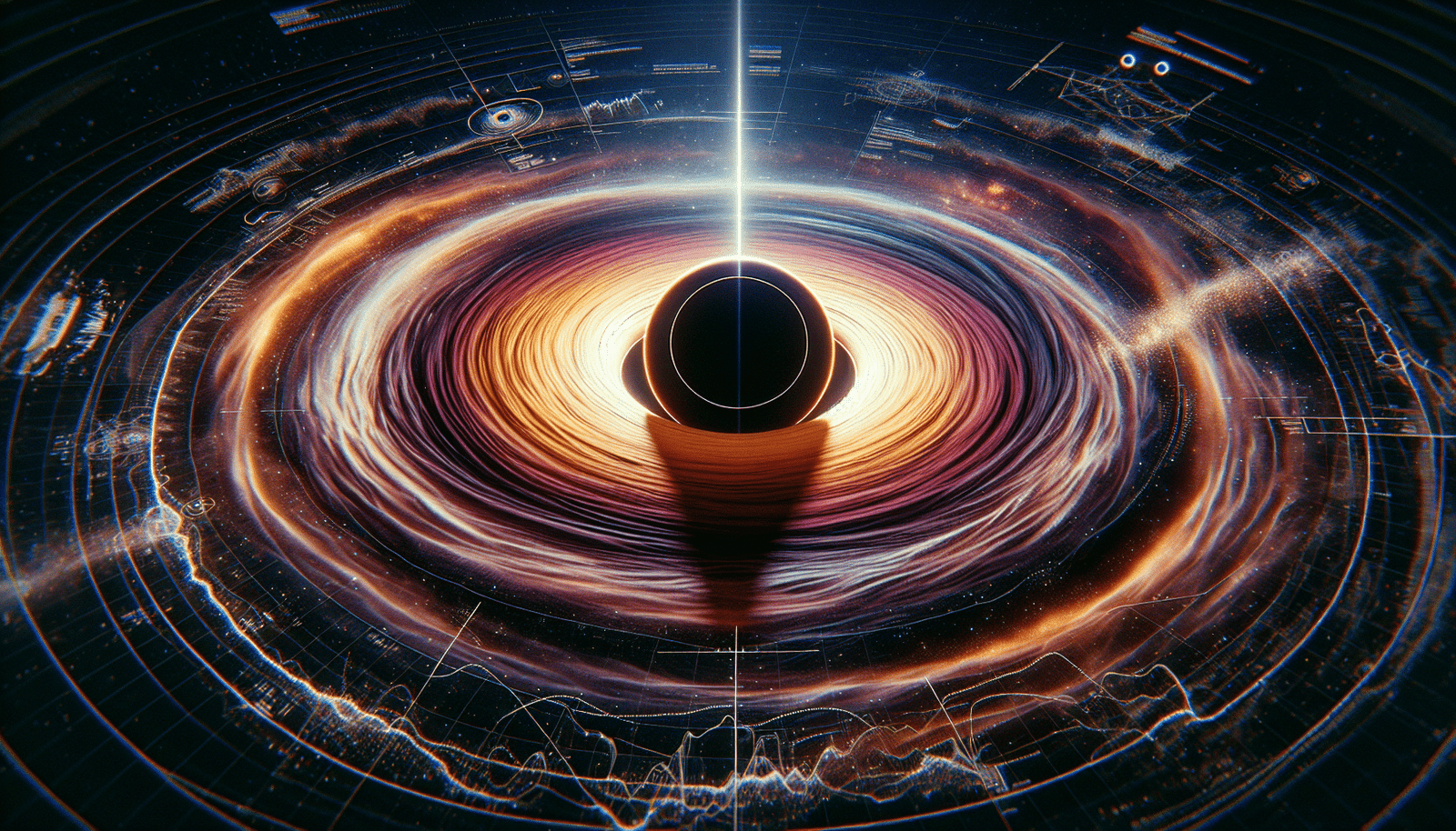 Une représentation artistique du trou noir supermassif Sagittarius A* au centre de la Voie lactée, entouré d'un disque d'accrétion incandescent. Des lignes de données abstraites et des symboles d'IA flottent autour, illustrant l'analyse de sa rotation. Ambiance sombre et majestueuse.