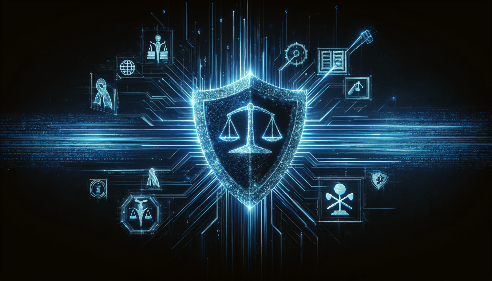 Un cyber-bouclier numérique stylisé, composé de lignes de code lumineuses, protégeant des icônes de dossiers juridiques et une balance de justice, symbolisant la confidentialité et l'intégrité des données. Un fond sombre avec des lueurs bleues met en avant la sécurité numérique. Style abstrait et technologique.