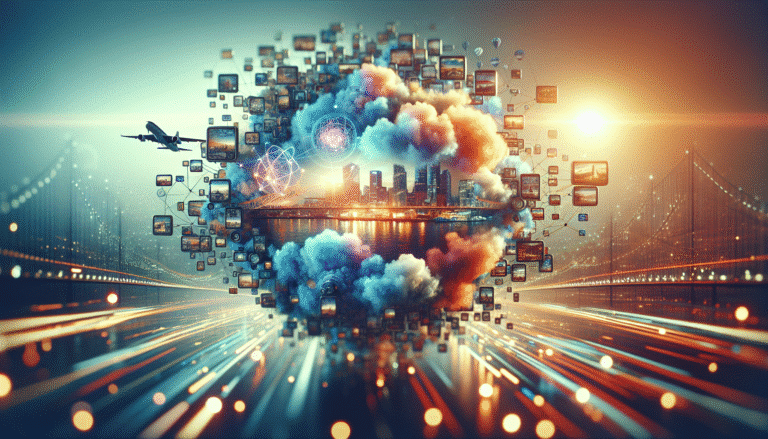 Une scène futuriste et onirique où des destinations de voyage imaginaires se matérialisent à partir de nuages de données, avec des éléments de réalité augmentée et des hologrammes, symbolisant la puissance créative de l'IA pour le voyage. Couleurs vives et technologie avancée. Style science-fiction poétique.