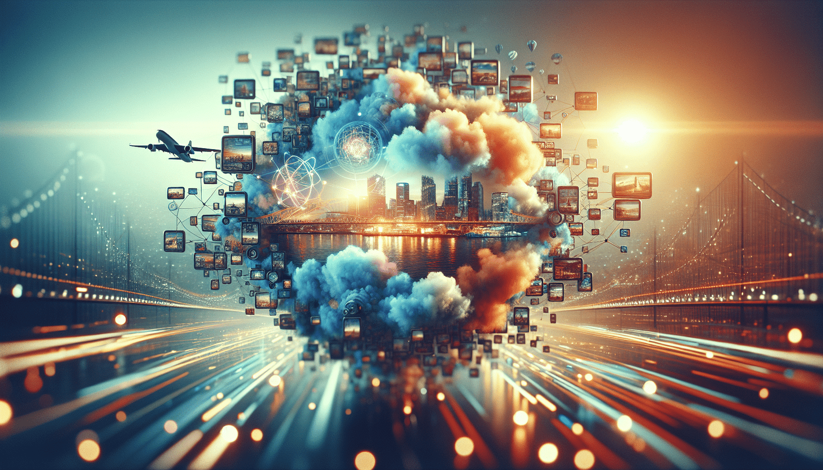 Une scène futuriste et onirique où des destinations de voyage imaginaires se matérialisent à partir de nuages de données, avec des éléments de réalité augmentée et des hologrammes, symbolisant la puissance créative de l'IA pour le voyage. Couleurs vives et technologie avancée. Style science-fiction poétique.