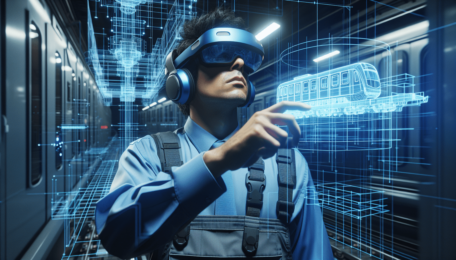Un technicien RATP portant un casque de réalité augmentée, observant des schémas 3D d'une section de rail de métro ou d'un composant de train flottant au-dessus d'une infrastructure réelle. L'ambiance est high-tech, avec des interfaces holographiques bleutées et des lumières techniques subtiles.
