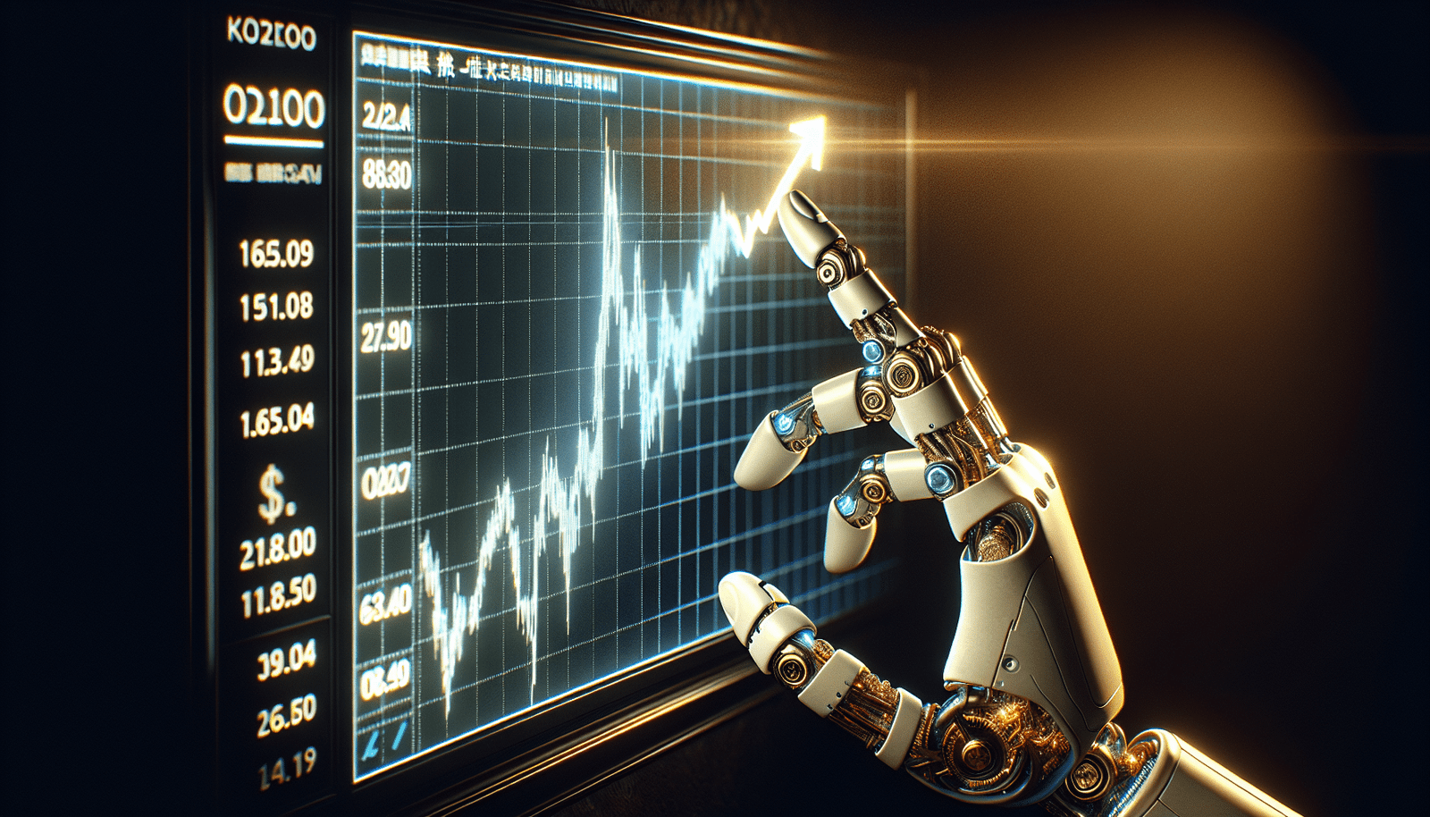 Conceptual image showing a humanoid robot's hand reaching out towards a stock market ticker board displaying upward trends, symbolizing the intersection of robotics and finance in a booming Chinese market. Futuristic, confident, digital art style.