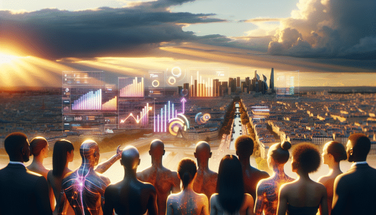 A vibrant, dynamic image showcasing data visualizations with ascending lines, representing significant growth in "augmented" and "automated" jobs in France. Human figures are interacting with glowing digital interfaces, symbolizing collaboration between humans and AI. The background is a blurred cityscape of Paris, conveying a sense of innovation and future. Style: modern, optimistic, tech-infused, vibrant colors.