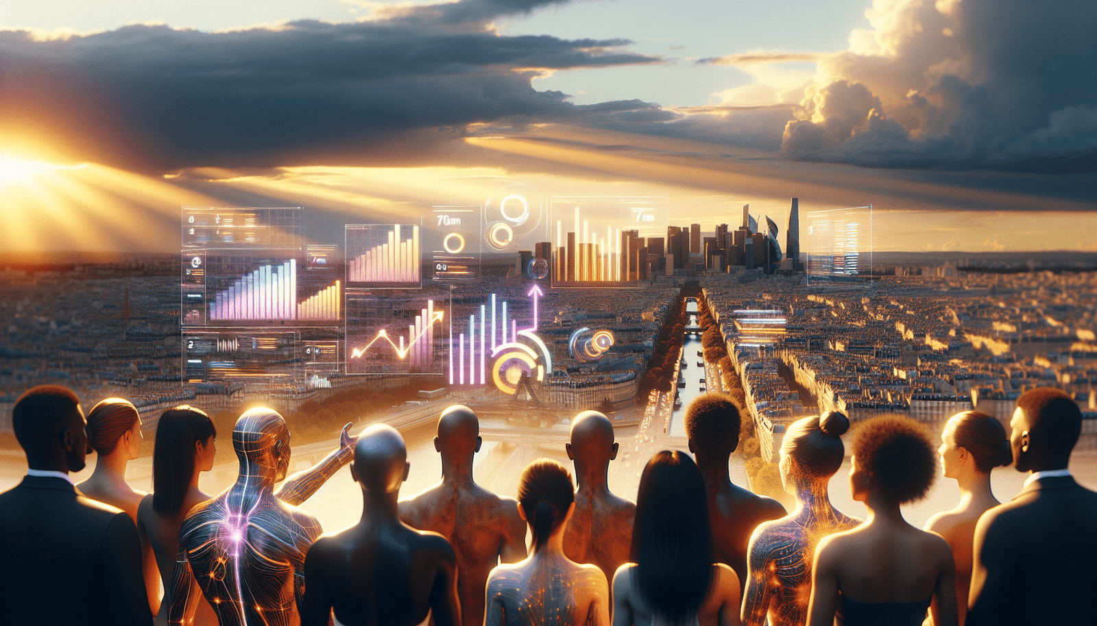 A vibrant, dynamic image showcasing data visualizations with ascending lines, representing significant growth in "augmented" and "automated" jobs in France. Human figures are interacting with glowing digital interfaces, symbolizing collaboration between humans and AI. The background is a blurred cityscape of Paris, conveying a sense of innovation and future. Style: modern, optimistic, tech-infused, vibrant colors.