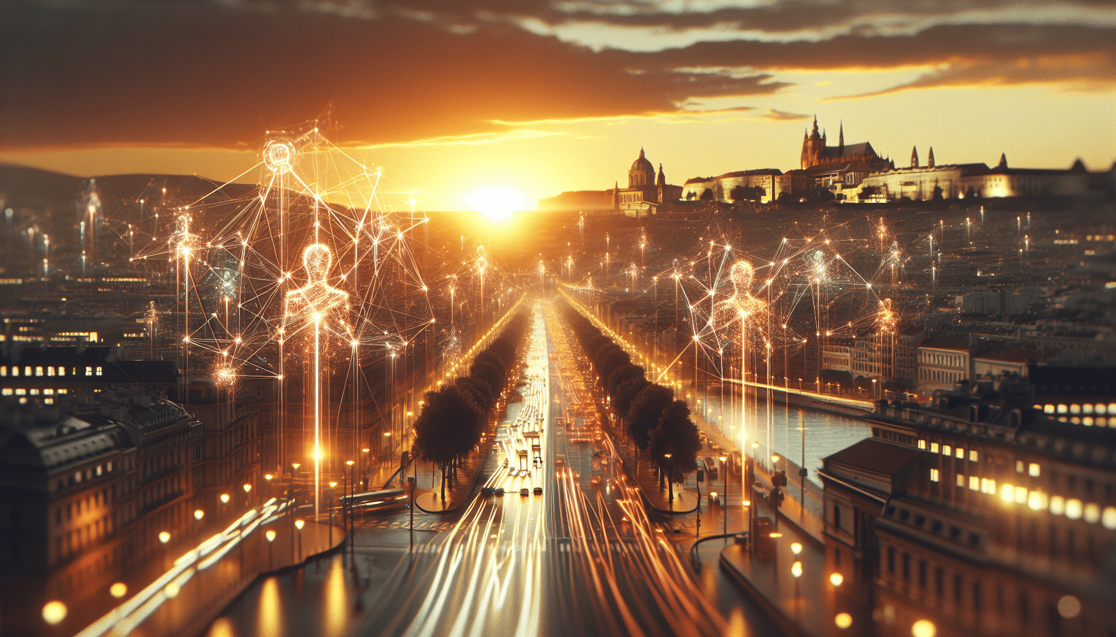 A complex, futuristic cityscape representing the European digital landscape, with light trails symbolizing data flow. In the foreground, a large, intricate network of glowing lines and nodes signifies the AI regulatory framework, subtly clashing with smaller, dynamic light particles representing innovation trying to break free. The mood is a mix of tension and potential.