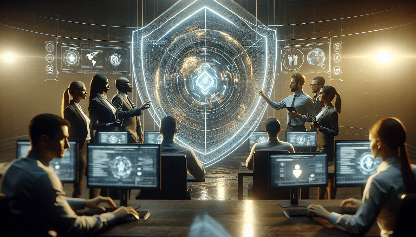 Des employés en formation dans un environnement de réalité virtuelle immersif, apprenant à identifier des cybermenaces simulées, avec des interfaces holographiques de données et un grand bouclier de protection abstrait en arrière-plan. Atmosphère de collaboration humaine-IA, futuriste et éducative.
