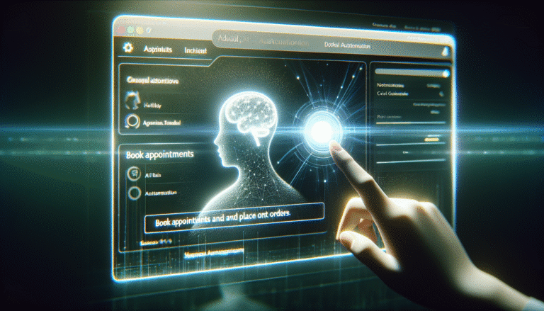 A futuristic web browser interface with a sophisticated AI assistant sidebar, showing a user conversing with the AI to perform tasks like booking appointments or ordering items. The design is sleek, minimalist, with holographic elements and a glowing AI brain icon. Focus on seamless interaction and advanced automation. Vivid colors, digital art style.