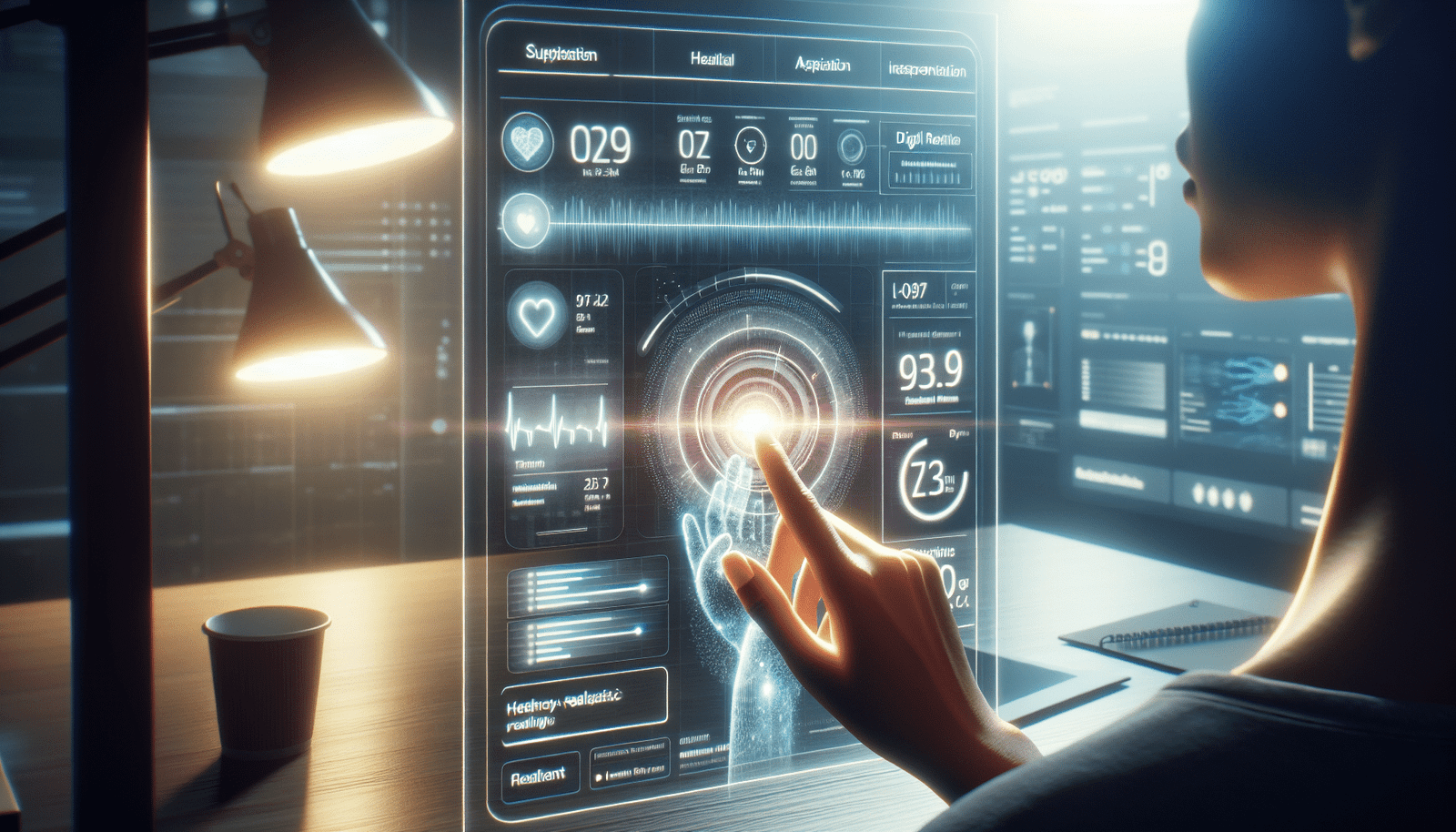 Une interface utilisateur futuriste affichant des graphiques et des données de bien-être (fréquence cardiaque, niveau de stress), avec un avatar IA amical analysant ces données pour détecter des signes de stress ou de fatigue chez un utilisateur invisible. Lumières douces et ambiance apaisante, symbolisant l'aide et la prévention.