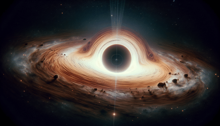 A stylized representation of the supermassive black hole Sagittarius A* at the center of the Milky Way, with a prominent glowing accretion disk and a subtle, almost invisible axis line clearly pointing towards a tiny, glowing Earth in the distance. Futuristic, scientific, deep space photography style.