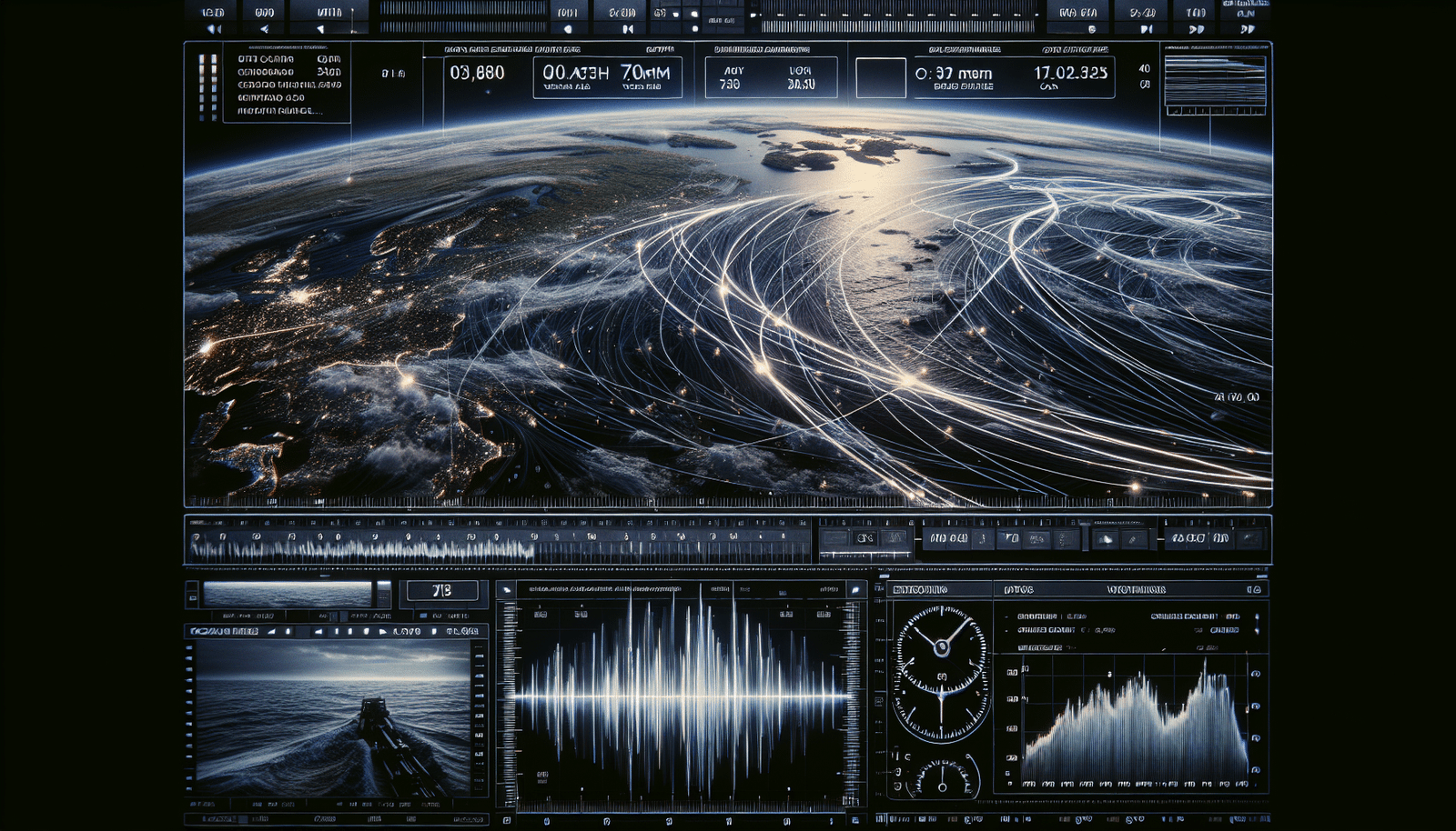 Une représentation holographique ou numérique et détaillée de l'océan européen, avec des flux de données et des graphiques interactifs flottant au-dessus. Des points lumineux suivent les trajectoires simulées de tortues marines. L'image dépeint une science de pointe et une vision globale pour la protection marine.