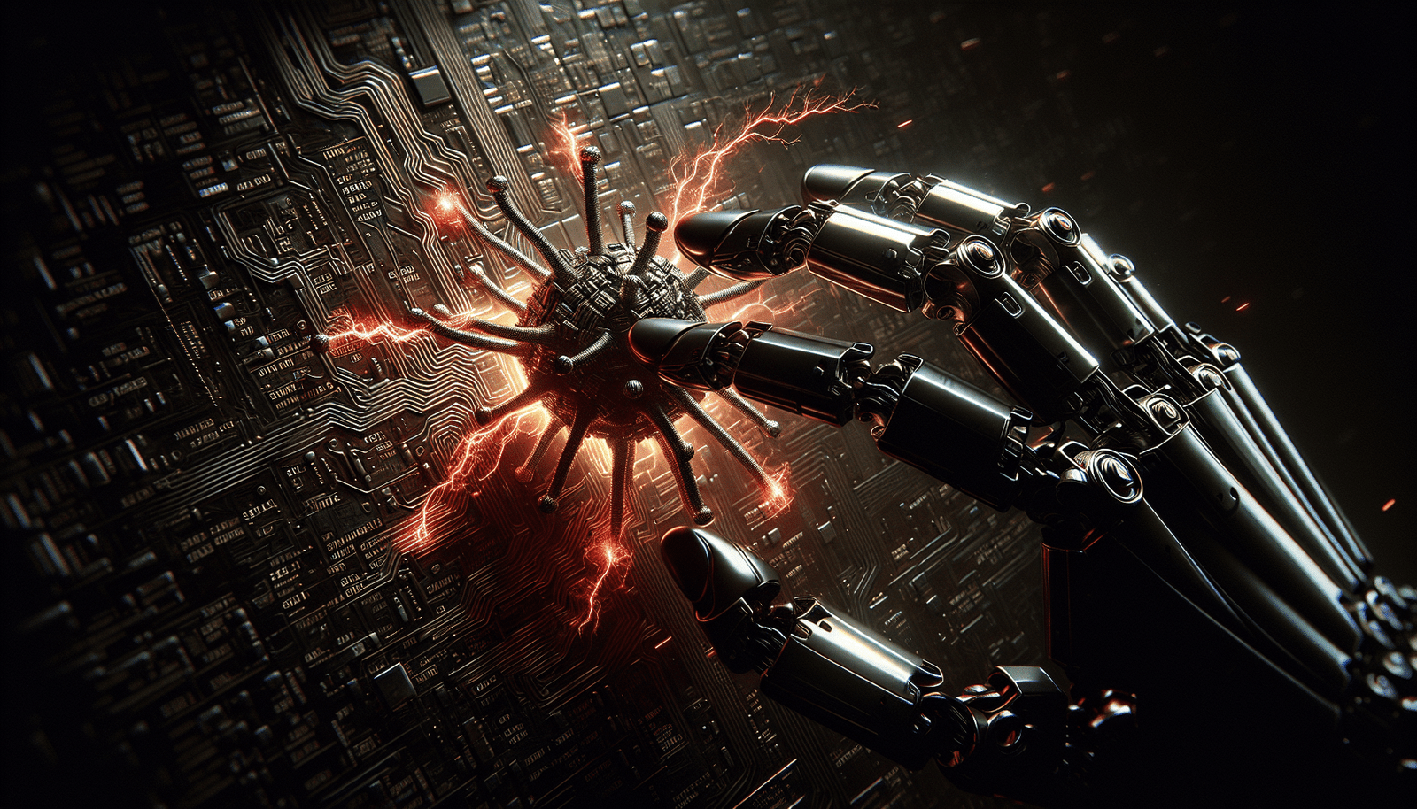 Une main robotique sombre manipulant des lignes de code malveillant qui s'entrelacent pour former un virus numérique stylisé, sur un fond sombre de circuit imprimé avec des éclairs rouges. Représentation menaçante de l'IA offensive.