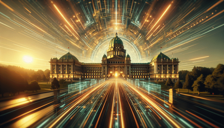 A futuristic, stylized image of the White House with glowing digital lines emanating from it, symbolizing massive data flow and innovation. Emphasize AI and technology, with a sense of immense power and financial investment, in a clean, high-tech aesthetic.