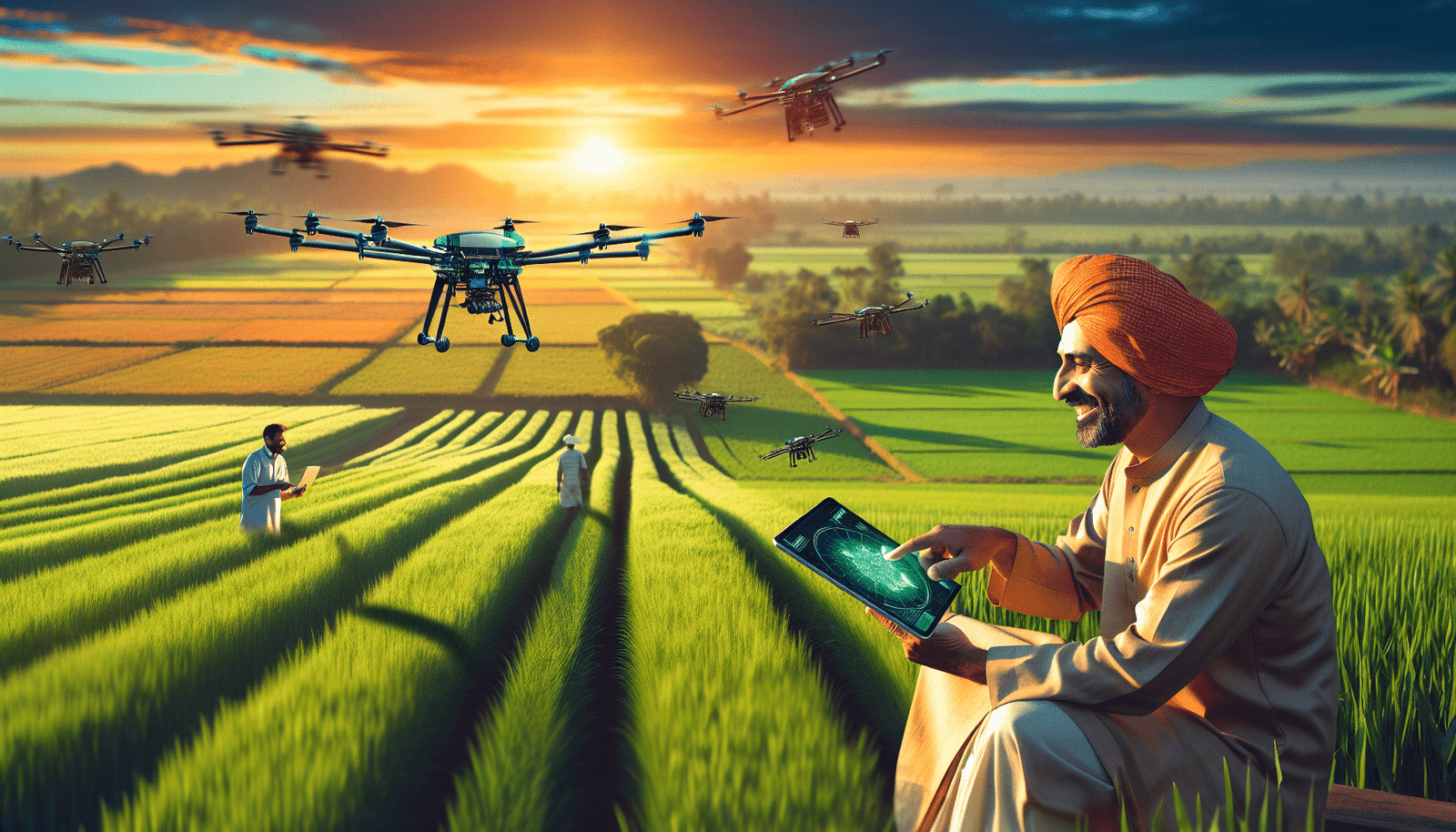 Une mosaïque visuellement riche de scènes agricoles futuristes, montrant un agriculteur moderne souriant devant un écran de tablette affichant des données de drone en 3D, des champs verdoyants s'étendant à l'horizon sous un coucher de soleil éclatant, et des drones en vol élégant au-dessus des cultures. L'image évoque la prospérité, l'innovation et l'harmonie entre technologie et nature.