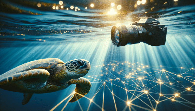 Une majestueuse tortue marine nageant dans un océan cristallin, avec des lignes de données abstraites et des points lumineux flottant autour d'elle, symbolisant l'intelligence artificielle et le suivi high-tech. Ambiance sereine et futuriste, couleurs vives.