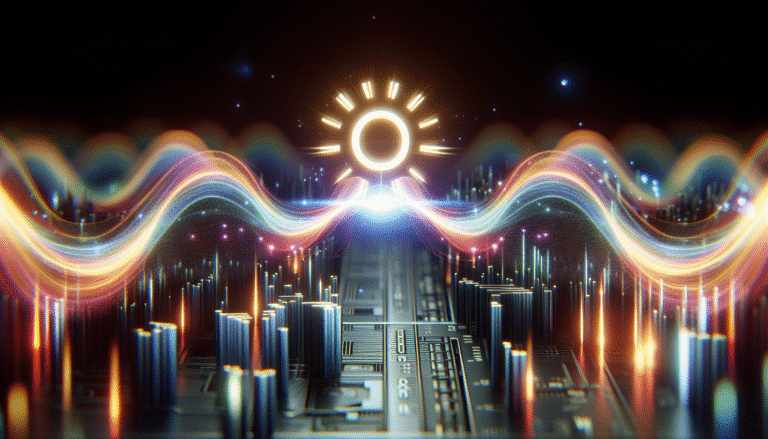 Dynamic visual of sound waves transforming into digital data with a glowing open-source symbol, reflecting innovation and accessibility in AI. Futuristic, vibrant colors.