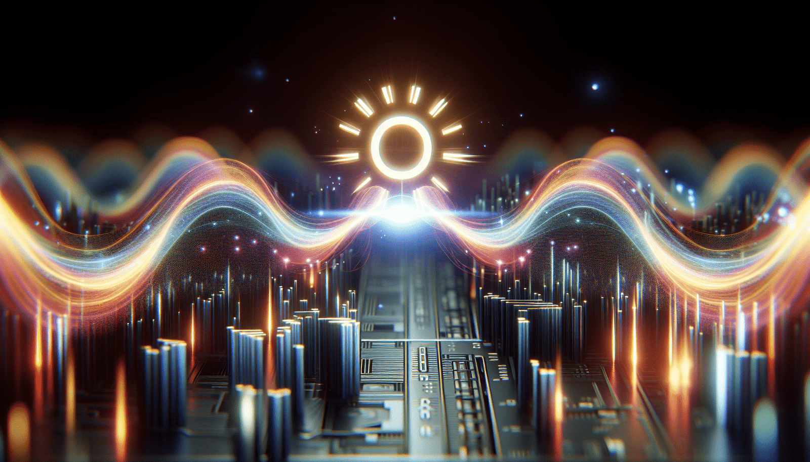 Dynamic visual of sound waves transforming into digital data with a glowing open-source symbol, reflecting innovation and accessibility in AI. Futuristic, vibrant colors.