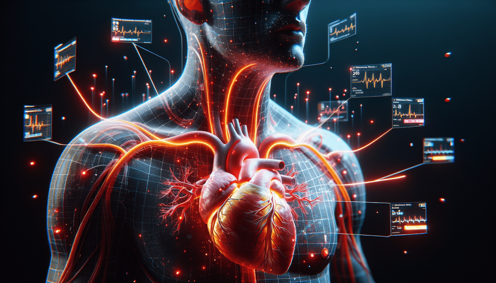 Une image abstraite et scientifique montrant un cœur humain en 3D généré par IA, avec des zones de risque potentielles illuminées en rouge et des lignes de données numériques s'en échappant. Ambiance : data-driven, prédictif, high-tech.