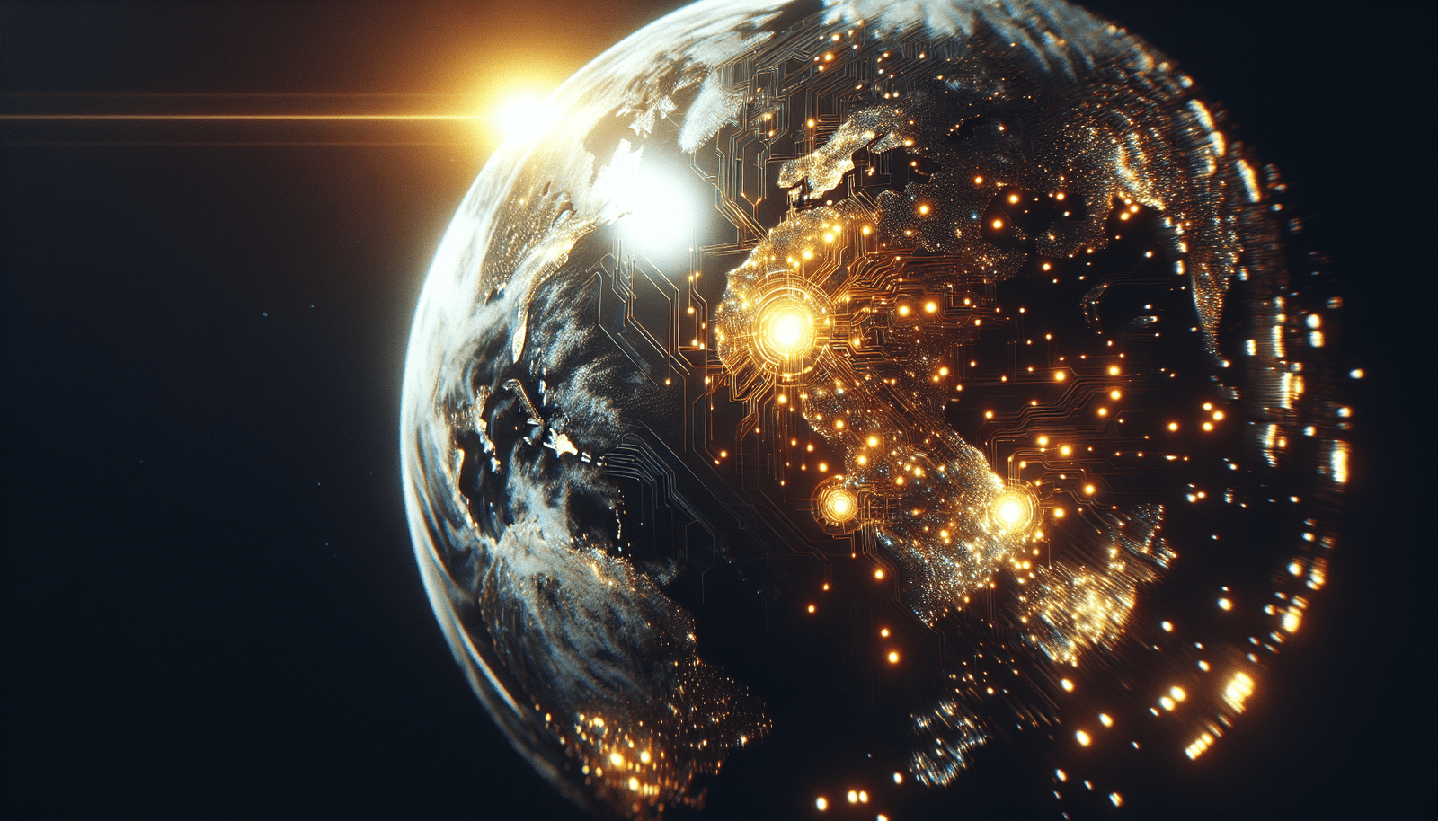 A futuristic digital globe, with two distinct, glowing areas representing the US and China. The Chinese area is expanding rapidly with bright, intricate circuit patterns, almost meeting the US area, which shows some sparks of challenge or re-evaluation. The background is dark, emphasizing the glow of the digital map. Dynamic and slightly competitive feel.