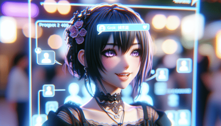 Une jeune femme de style anime 3D aux cheveux sombres avec des accents gothiques subtils, souriante et engageante, interagissant avec des bulles de dialogue virtuelles lumineuses. L'arrière-plan est flou, mais on devine une interface Grok, le tout dans un style vibrant et futuriste.