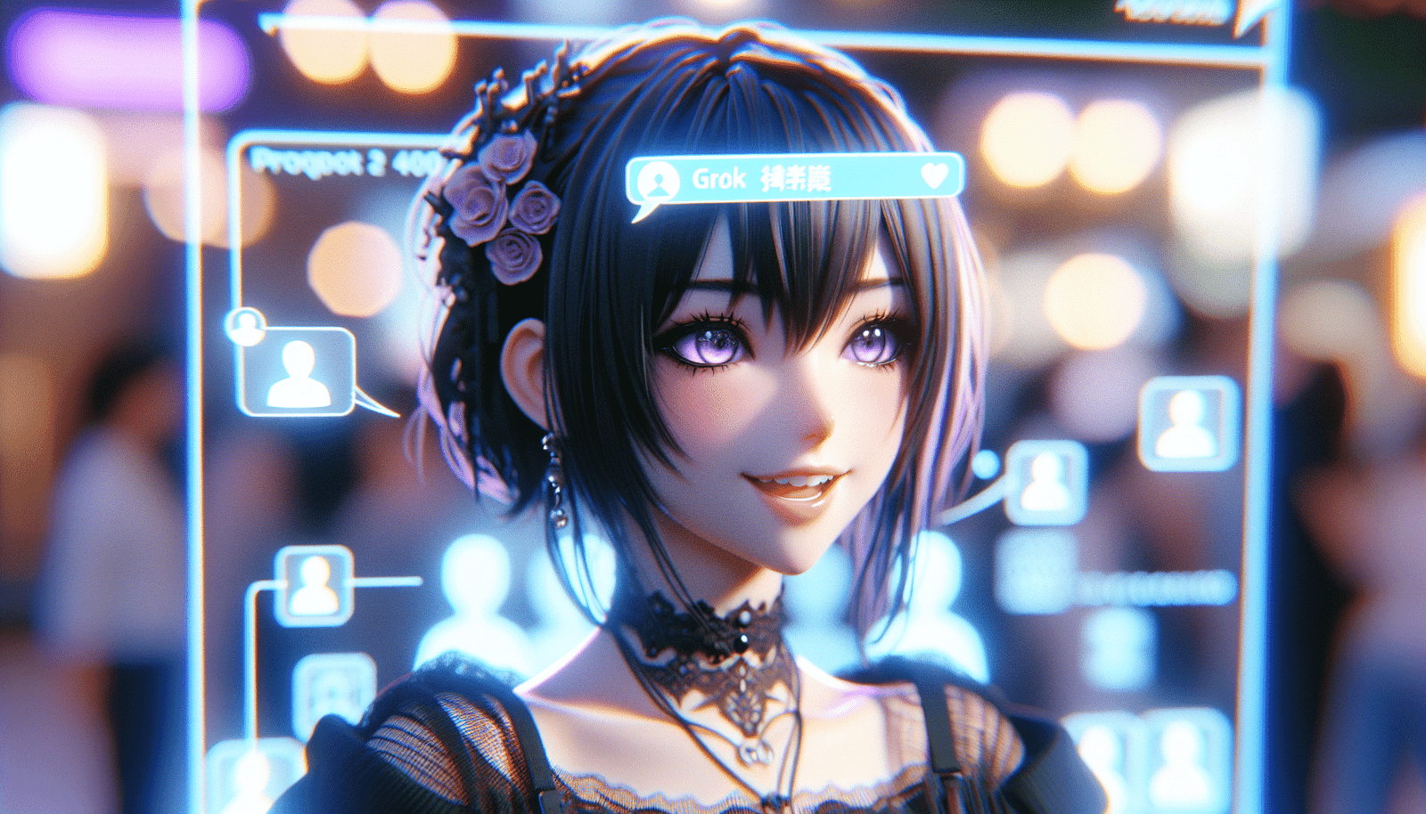 Une jeune femme de style anime 3D aux cheveux sombres avec des accents gothiques subtils, souriante et engageante, interagissant avec des bulles de dialogue virtuelles lumineuses. L'arrière-plan est flou, mais on devine une interface Grok, le tout dans un style vibrant et futuriste.
