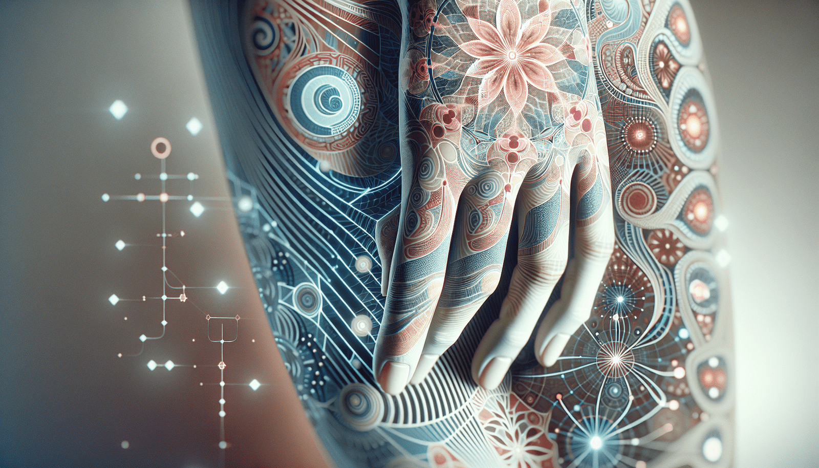 A highly detailed, abstract representation of medical imaging data being processed by AI, with subtle Asian-inspired patterns or colors. Focus on precision, innovation, and the fusion of technology and healthcare. Digital, clean, sophisticated aesthetic.