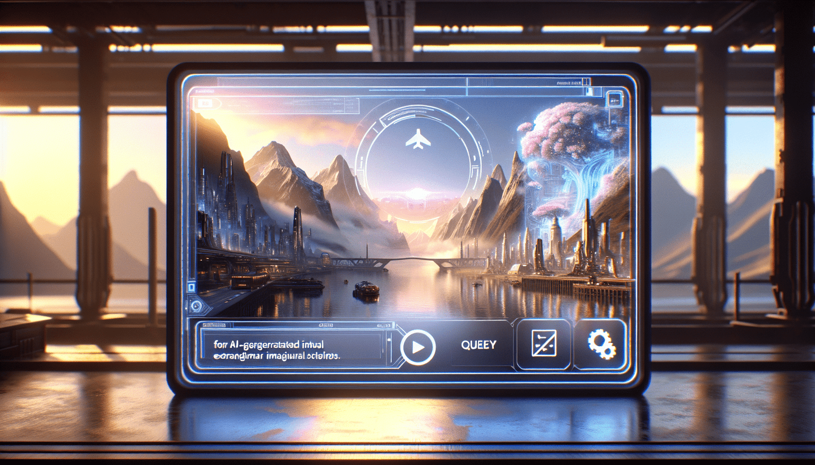 Une interface utilisateur futuriste montrant un écran de voyage virtuel généré par IA, avec des paysages fantastiques ou des villes célèbres recréées numériquement, des éléments de texte de requête en bas et une icône de lecture, symbolisant la puissance de Sora Turbo ou Veo2. Ambiance dynamique et créative.
