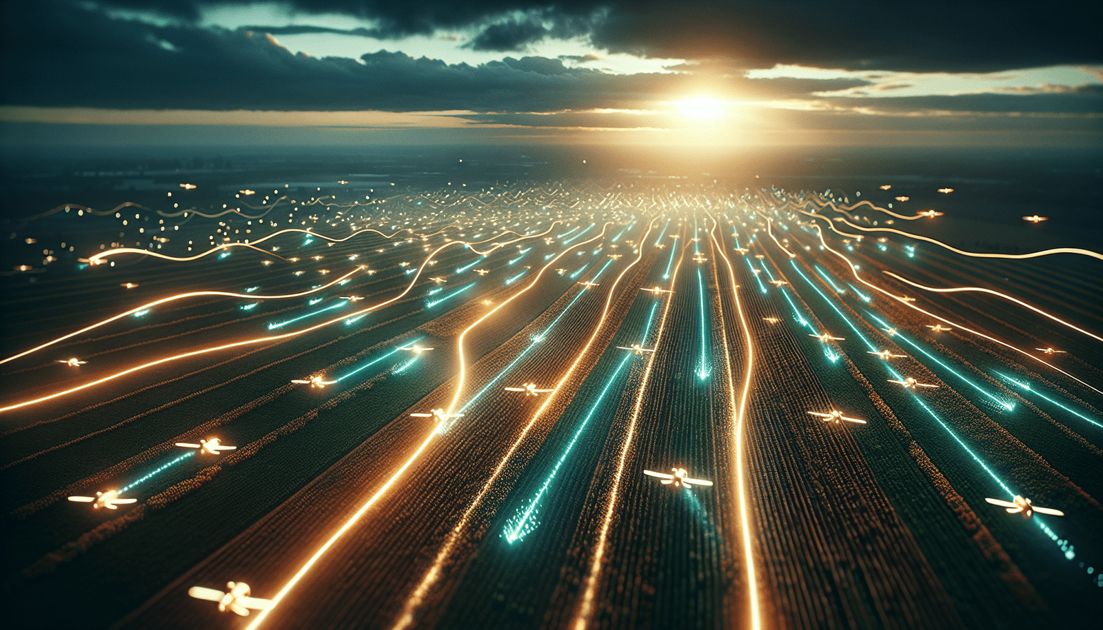 Un essaim de mini-drones agricoles, lumineux et futuristes, se déplaçant en formation parfaitement synchronisée au-dessus d'un vaste champ agricole vu d'en haut. La scène est dynamique et montre la précision robotique à grande échelle, avec des motifs lumineux traçant leur chemin.