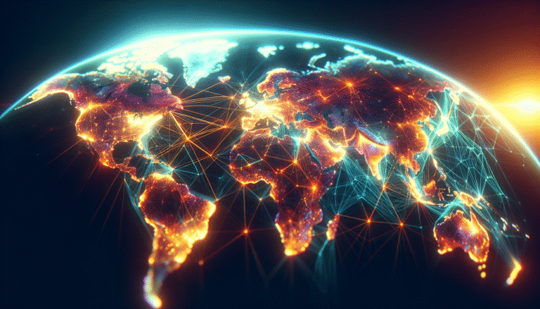 World map with glowing AI network lines connecting major tech hubs, symbolizing global investment flows. Futuristic, high-tech, vibrant colors, illustrating a rapidly evolving digital landscape.
