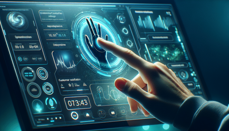 A futuristic digital interface displaying a high customer satisfaction rating on a screen, with subtle human elements like a hand gently touching the screen, emphasizing the blend of technology and empathy. Soft blue and green light, clean UI, modern design.